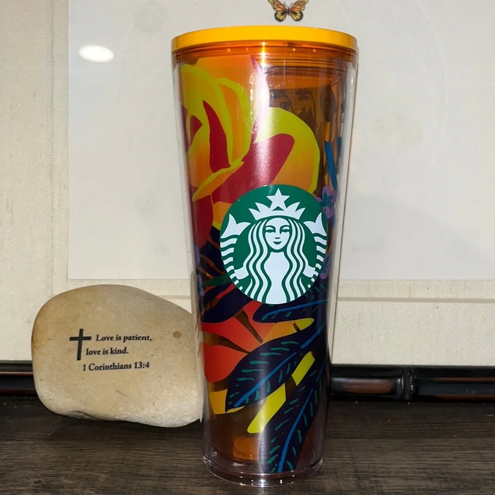 Starbucks Spring RARE 2022 Venti Orange Floral Tropical Cold 24 oz Tumbler NWT